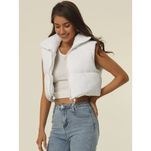 Crop Puffer Vest Lightweight Stand Collar Sleeveless Padded Gilet Coat White - Picture 3 of 6